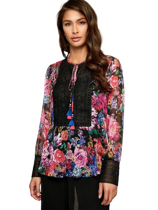 Tadashi Shoji Tops - TADASHI SHOJI Gaberira Sheer Floral Tie Neck Blouse W/ Lace Panel & Cuffs Sz 4